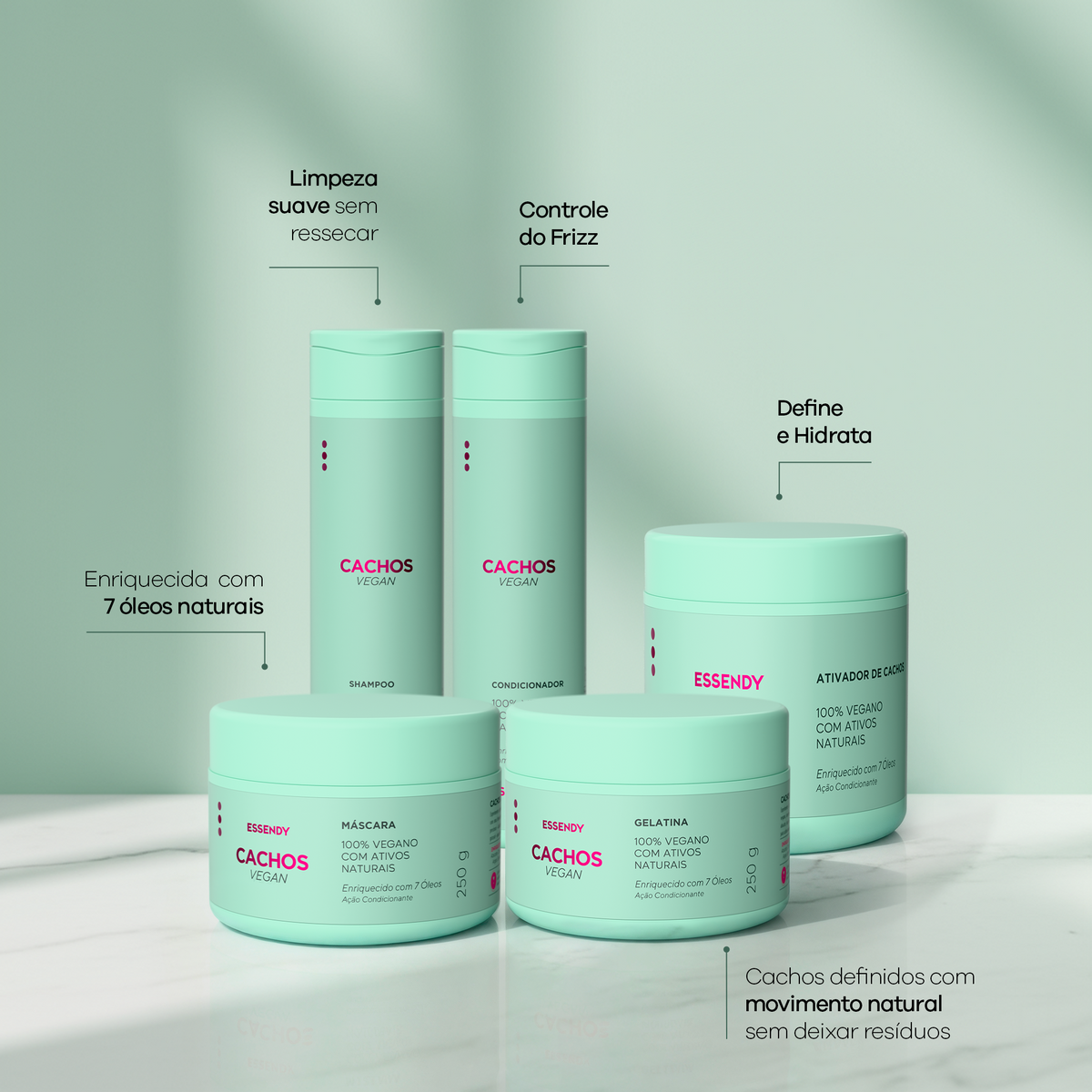 Kit Cachos Vegan - Shampoo, Condicionador, Máscara, Gelatina e